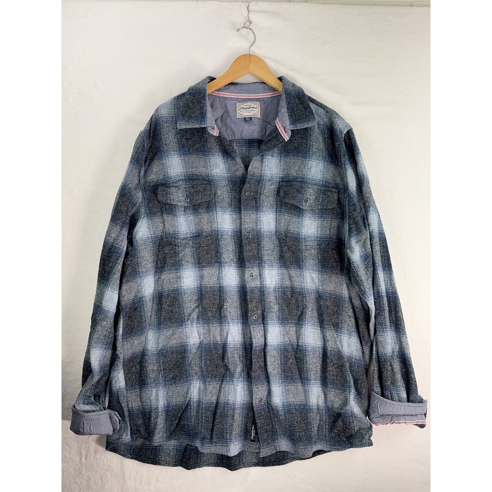 Flag & Anthem Shirt Mens 2XL Tall Blue Gray Plaid Flannel Button‎ Up Long Sleeve